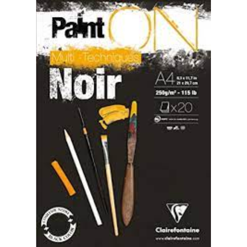 BLOCCO CARTA PER TECNICHE MISTE COLOR NERO A4 CM 21 X 29,7 GR MQ 250 PAINT ON NOIR CLAIREFONTAINE 