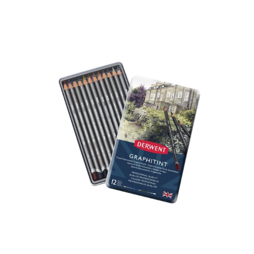 CONFEZIONE IN METALLO CON 12 MATITE IN GRAFITE COLORATE ACQUERELLABILI GRAPHITINT DERWENT