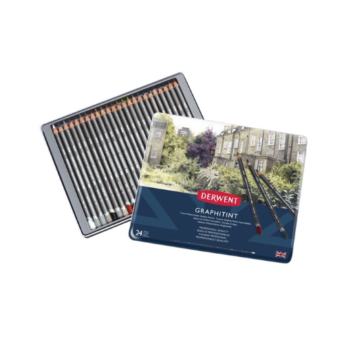 CONFEZIONE IN METALLO CON 24 MATITE IN GRAFITE COLORATE ACQUERELLABILI GRAPHITINT DERWENT