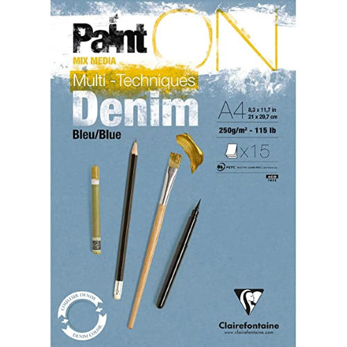 BLOCCO CARTA PER TECNICHE MISTE COLORE BLU GRIGIO A4 CM 21 X 29,7 GR MQ 250 PAINT ON DENIM CLAIREFONTAINE 
