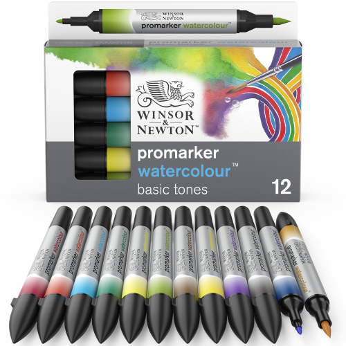 CONFEZIONE 12 PENNARELLI DOPPIA PUNTA ACQUERELLABILI TONALITÀ BASE PROMARKER WATERCOLOUR WINSOR & NEWTON