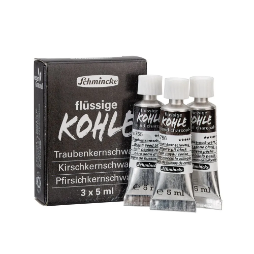 CONFEZIONE CON 3 CARBONCINI LIQUIDI ASSORTITI DA 5 ML COLOR NERO SEMI D'UVA, NOCCIOLO DI CILIEGIA E NOCCIOLO DI PESCA SCHMINCKE