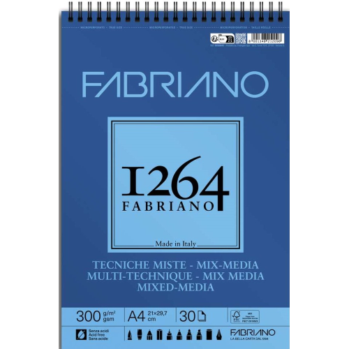 BLOCCO CARTA PER TECNICHE MISTE SPIRALATO A4 CM 21 X 29,7 GR MQ 300 FABRIANO 1264
