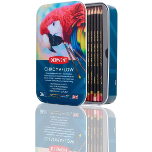 CONFEZIONE IN METALLO CON 36 MATITE COLORATE EXTRAMORBIDE PERMANENTI CHROMAFLOW DERWENT