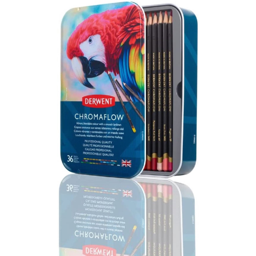 CONFEZIONE IN METALLO CON 36 MATITE COLORATE EXTRAMORBIDE PERMANENTI CHROMAFLOW DERWENT
