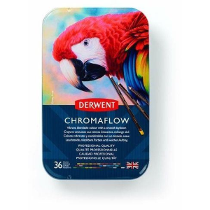CONFEZIONE IN METALLO CON 36 MATITE COLORATE EXTRAMORBIDE PERMANENTI CHROMAFLOW DERWENT