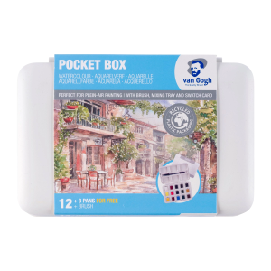 CONFEZIONE IN PLASTICA CON 15 COLORI AD ACQUERELLO MEZZO GODET E PENNELLO SINTETICO TASCABILE VAN GOGH ROYAL TALENS