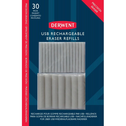 CONFEZIONE CON 30 RICARICHE, PUNTA FINE E PUNTA LARGA, PER GOMMA ELETTRICA USB DERWENT