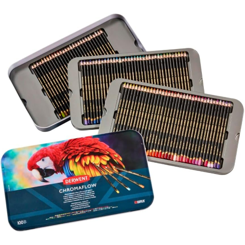 CONFEZIONE IN METALLO CON 100 MATITE COLORATE EXTRAMORBIDE PERMANENTI CHROMAFLOW DERWENT