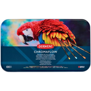 CONFEZIONE IN METALLO CON 100 MATITE COLORATE EXTRAMORBIDE PERMANENTI CHROMAFLOW DERWENT