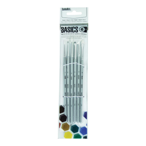 CONFEZIONE CON 6 PENNELLI SINTETICI BIANCHI PER ACRILICO, MANICO CORTO, VARIE MISURE E FORME LINEA LIQUITEX BASICS