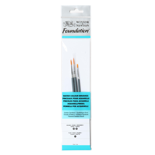 CONFEZIONE CON 3 PENNELLI SINTETICI DORATI MANICO CORTO PER ACQUERELLO FOUNDATION WINSOR & NEWTON