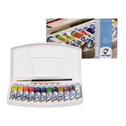 CONFEZIONE IN PLASTICA CON 12 COLORI AD ACQUERELLO IN TUBO DA 10 ML, PENNELLO SINTETICO E SPUGNA VAN GOGH ROYAL TALENS
