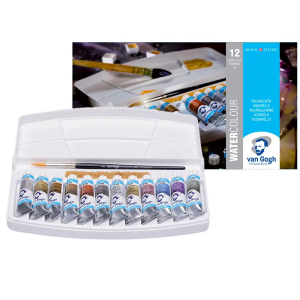 CONFEZIONE IN PLASTICA CON 12 COLORI AD ACQUERELLO METALLIZZATI ED INTERFERENZA IN TUBO DA 10 ML, PENNELLO E SPUGNA VAN GOGH ROYAL TALENS