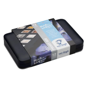 CONFEZIONE IN PLASTICA NERA CON 12 COLORI AD ACQUERELLO METALLICI E INTERFERENZA IN MEZZO GODET E PENNELLO TASCABILE VAN GOGH ROYAL TALENS