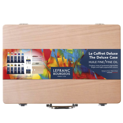 CASSETTA IN LEGNO CM 25 X 35 CON 10 COLORI A OLIO FINE LEFRANC BOURGEOIS DA 40 ML, MEDIUM, PENNELLI E ACCESSORI