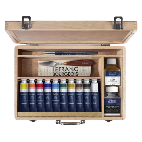 CASSETTA IN LEGNO CM 25 X 35 CON 10 COLORI A OLIO FINE LEFRANC BOURGEOIS DA 40 ML, MEDIUM, PENNELLI E ACCESSORI