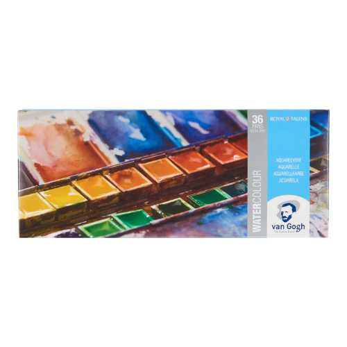 CONFEZIONE IN METALLO CON 36 COLORI AD ACQUERELLO MEZZO GODET E PENNELLO SINTETICO VAN GOGH ROYAL TALENS