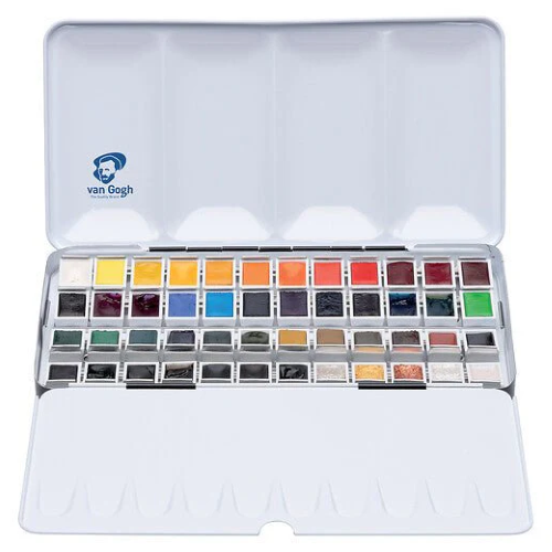 CONFEZIONE IN METALLO CON 48 COLORI AD ACQUERELLO MEZZO GODET E PENNELLO SINTETICO VAN GOGH ROYAL TALENS