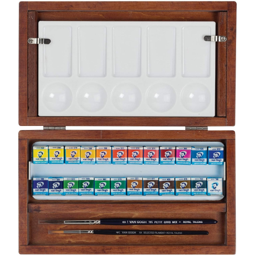 CONFEZIONE IN LEGNO CON 24 COLORI AD ACQUERELLO MEZZO GODET, 2 PENNELLI E 1 TAVOLOZZA IN PLASTICA VAN GOGH ROYAL TALENS