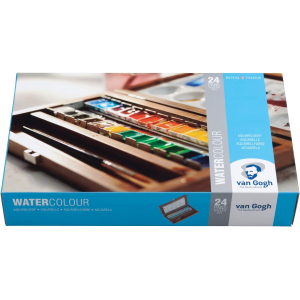 CONFEZIONE IN LEGNO CON 24 COLORI AD ACQUERELLO MEZZO GODET, 2 PENNELLI E 1 TAVOLOZZA IN PLASTICA VAN GOGH ROYAL TALENS