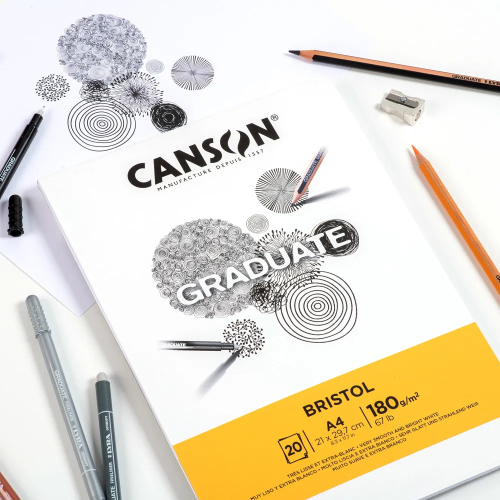 BLOCCO CARTA DA DISEGNO GRANA LISCIA EXTRA BIANCA A4 CM 21 X 29.7 GR MQ 180 GRADUATE BRISTOL CANSON