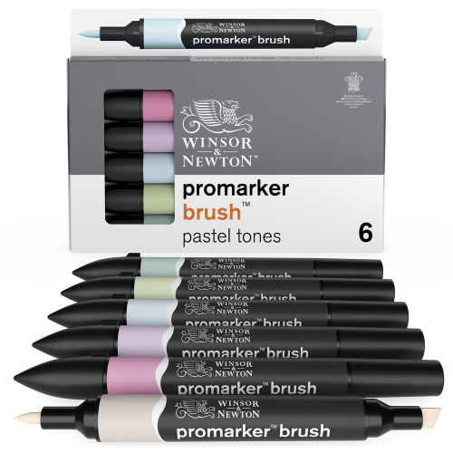CONFEZIONE 6 PENNARELLI PUNTA PENNELLO E PUNTA SCALPELLO PROMARKER BRUSH COLORI PASTELLO WINSOR & NEWTON