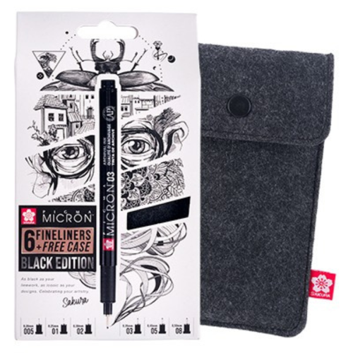 ASTUCCIO IN TESSUTO CON 3 PENNE NERE DIVERSI SPESSORI PIGMA MICRON BLACK EDITION SAKURA