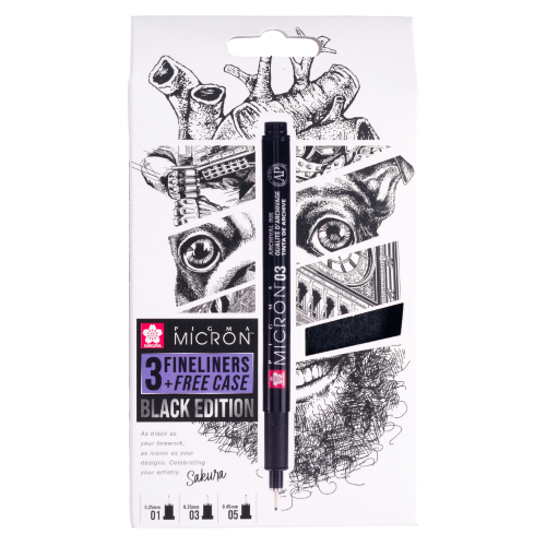 ASTUCCIO IN TESSUTO CON 3 PENNE NERE DIVERSI SPESSORI PIGMA MICRON BLACK EDITION SAKURA