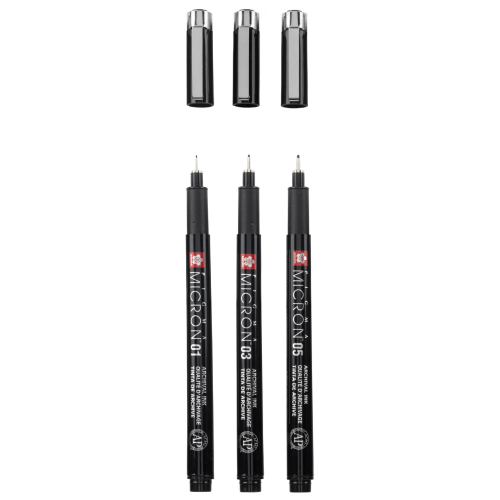ASTUCCIO IN TESSUTO CON 3 PENNE NERE DIVERSI SPESSORI PIGMA MICRON BLACK EDITION SAKURA