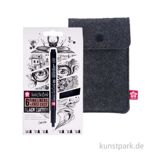 ASTUCCIO IN TESSUTO CON 6 PENNE NERE DIVERSI SPESSORI PIGMA MICRON BLACK EDITION SAKURA