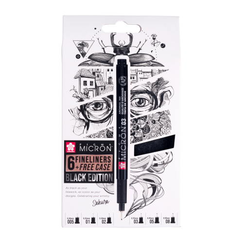 ASTUCCIO IN TESSUTO CON 6 PENNE NERE DIVERSI SPESSORI PIGMA MICRON BLACK EDITION SAKURA