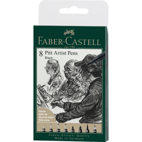 CONFEZIONE 8 PENNE A INCHIOSTRO DI CHINA NERO MISURE ASSORTITE PITT ARTIST PENS FABER CASTELL