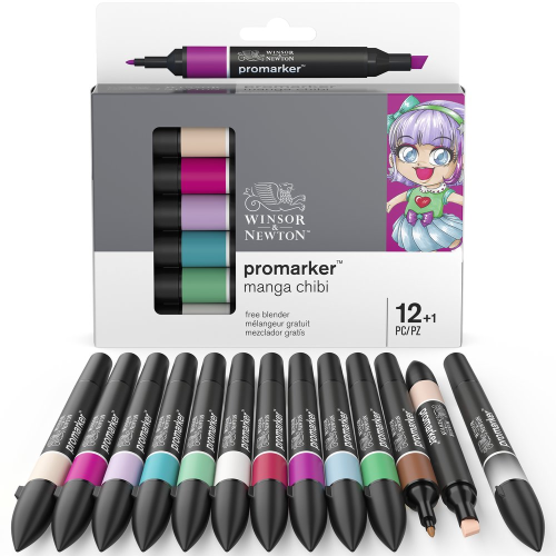 CONFEZIONE 12 PENNARELLI A DOPPIA PUNTA PROMARKER PIÙ BLENDER MANGA CHIBI WINSOR & NEWTON
