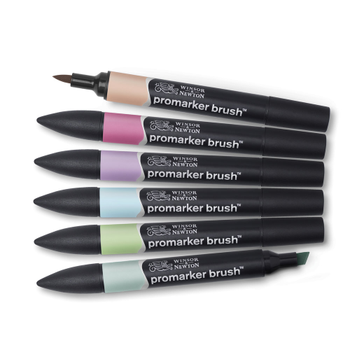 CONFEZIONE 6 PENNARELLI PUNTA PENNELLO E PUNTA SCALPELLO PROMARKER BRUSH COLORI PASTELLO WINSOR & NEWTON