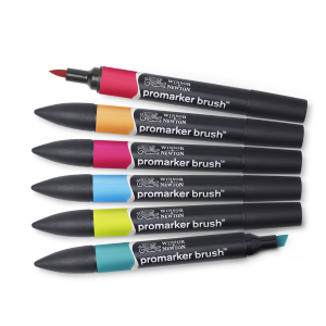 CONFEZIONE 6 PENNARELLI PUNTA PENNELLO E PUNTA SCALPELLO PROMARKER BRUSH COLORI MEDI WINSOR & NEWTON