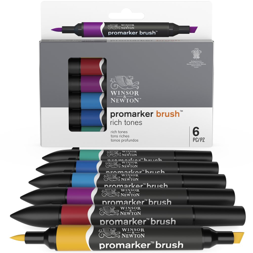 CONFEZIONE 6 PENNARELLI PUNTA PENNELLO E PUNTA SCALPELLO PROMARKER BRUSH COLORI INTENSI WINSOR & NEWTON