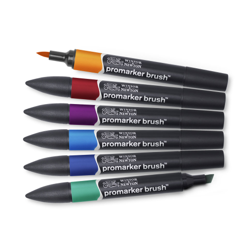 CONFEZIONE 6 PENNARELLI PUNTA PENNELLO E PUNTA SCALPELLO PROMARKER BRUSH COLORI INTENSI WINSOR & NEWTON