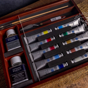 CONFEZIONE IN LEGNO CON 10 COLORI A OLIO EXTRA FINI LEFRANC BOURGEOIS DA 20 ML, DUE MEDIUM DA 75 ML, DUE PENNELLI E UNA SPATOLA - COFANETTO IMPRESSIONISTA