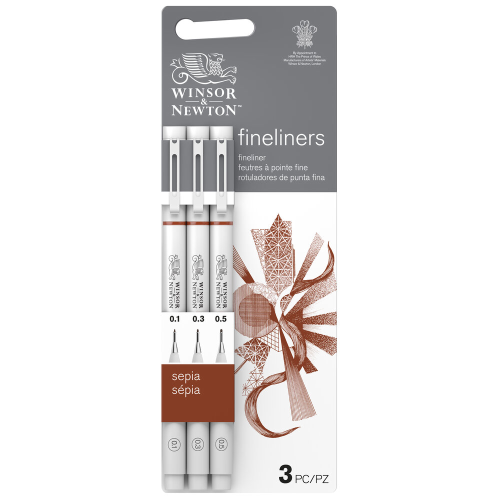 CONFEZIONE CON 3 PENNE AD INCHIOSTRO PIGMENTATO SEPPIA PUNTA DA MM 0.1 - 0.3 - 0.5 FINELINER WINSOR & NEWTON