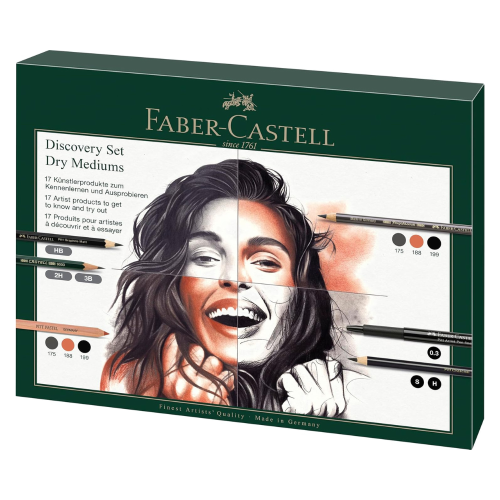 DISCOVERY SET FABER CASTELL CON 3 MATITE COLORATE POLYCHROMOS, 3 MATITE PITT PASTEL, 2 MATITE CASTELL 9000, 1 MATITA PIIT GRAPHITE MATT E ACCESSORI
