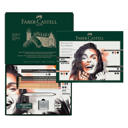 DISCOVERY SET FABER CASTELL CON 3 MATITE COLORATE POLYCHROMOS, 3 MATITE PITT PASTEL, 2 MATITE CASTELL 9000, 1 MATITA PIIT GRAPHITE MATT E ACCESSORI