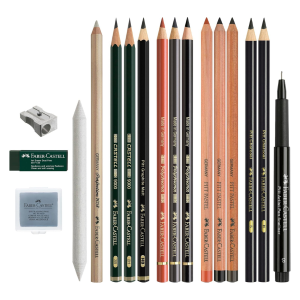 DISCOVERY SET FABER CASTELL CON 3 MATITE COLORATE POLYCHROMOS, 3 MATITE PITT PASTEL, 2 MATITE CASTELL 9000, 1 MATITA PIIT GRAPHITE MATT E ACCESSORI