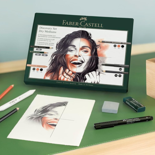 DISCOVERY SET FABER CASTELL CON 3 MATITE COLORATE POLYCHROMOS, 3 MATITE PITT PASTEL, 2 MATITE CASTELL 9000, 1 MATITA PIIT GRAPHITE MATT E ACCESSORI