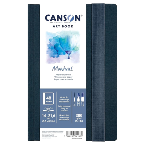 BLOCCO CARTA PER ACQUERELLO COPERTINA RIGIDA IN TESSUTO CON ELASTICO GRANA FINA 300 GR MQ MONTVAL ART BOOK CANSON
