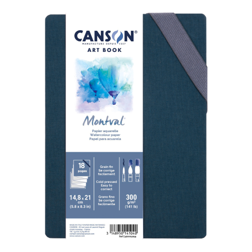 BLOCCO CARTA PER ACQUERELLO COPERTINA RIGIDA IN TESSUTO CON ELASTICO GRANA FINA 300 GR MQ LEPORELLO MONTVAL ART BOOK CANSON