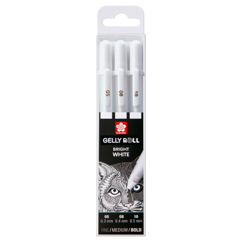 CONFEZIONE CON 3 PENNE GEL BIANCO OPACO PUNTE 05 FINE, 08 MEDIA E 10 GROSSA GELLY ROLL SAKURA