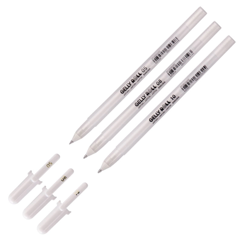 CONFEZIONE CON 3 PENNE GEL BIANCO OPACO PUNTE 05 FINE, 08 MEDIA E 10 GROSSA GELLY ROLL SAKURA