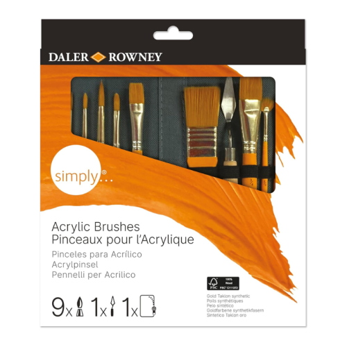 CONFEZIONE IN TESSUTO RICHIUDIBILE CON ZIP CON 9 PENNELLI SINTETICI ORO TAKLON E 1 SPATOLA PER PITTURA SIMPLY DALER ROWNEY