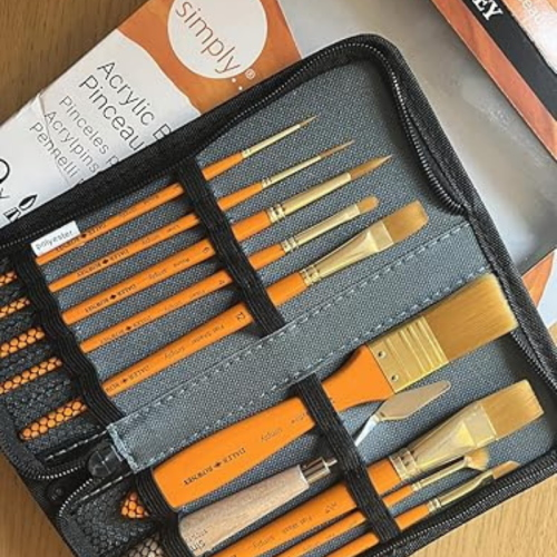 CONFEZIONE IN TESSUTO RICHIUDIBILE CON ZIP CON 9 PENNELLI SINTETICI ORO TAKLON E 1 SPATOLA PER PITTURA SIMPLY DALER ROWNEY